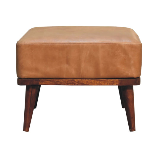 Tan Buffalo Leather Square Footstool Ottoman Solid Wood Frame