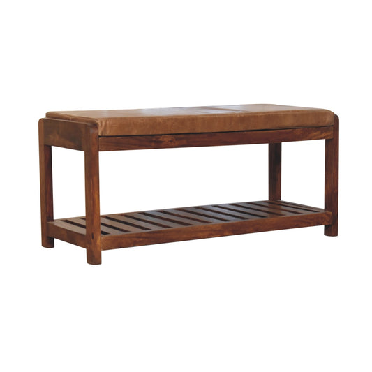 Solid Buffalo Hide Slatted Hallway Bench with Storage Frame