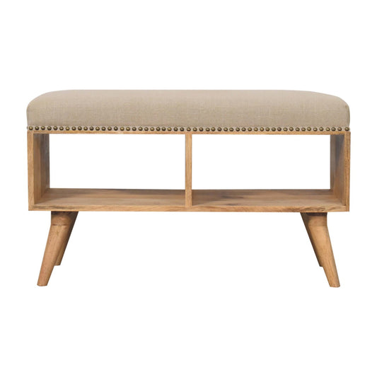 Studded Linen Upholstered Open Hall Bench Solid Natural Frame