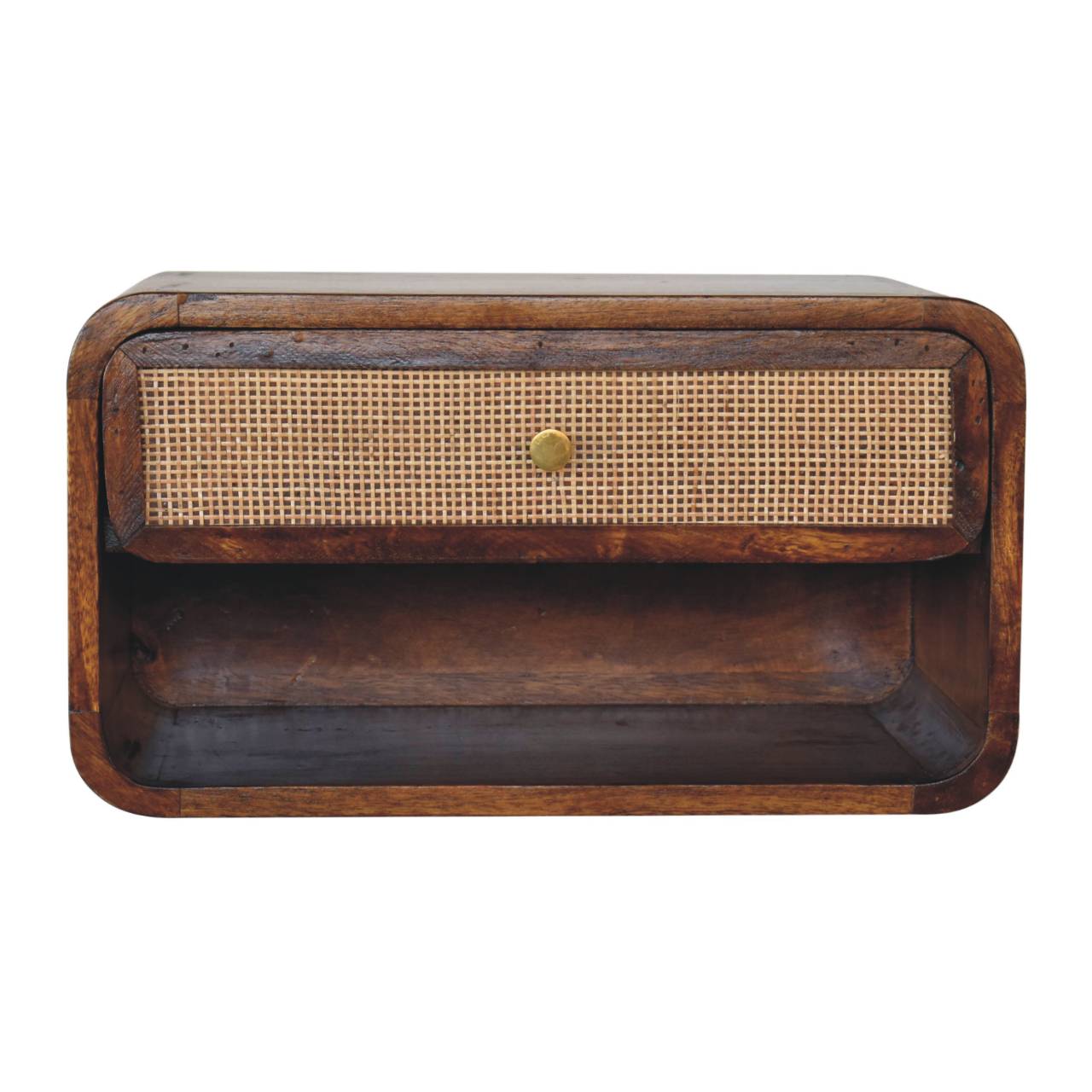 Wall Mounted Open Woven Bedside Shelf Solid Mango Wood Chestnut