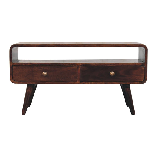 California Walnut Curved TV Media Unit Solid Mango Wood
