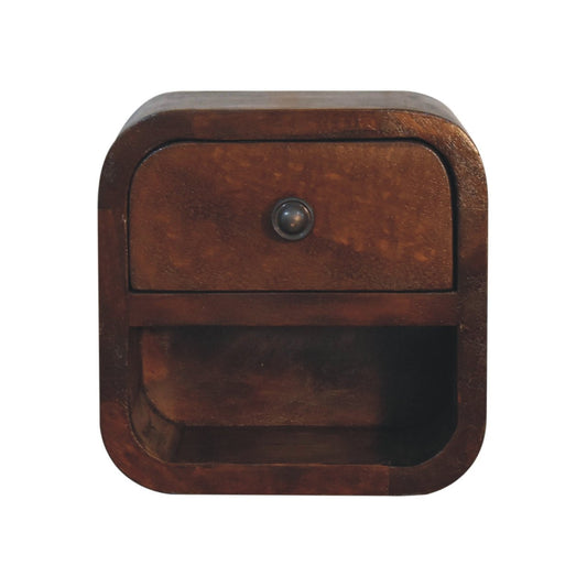 Extra Compact Curved Chestnut Floating Bedside Shelf with Slot