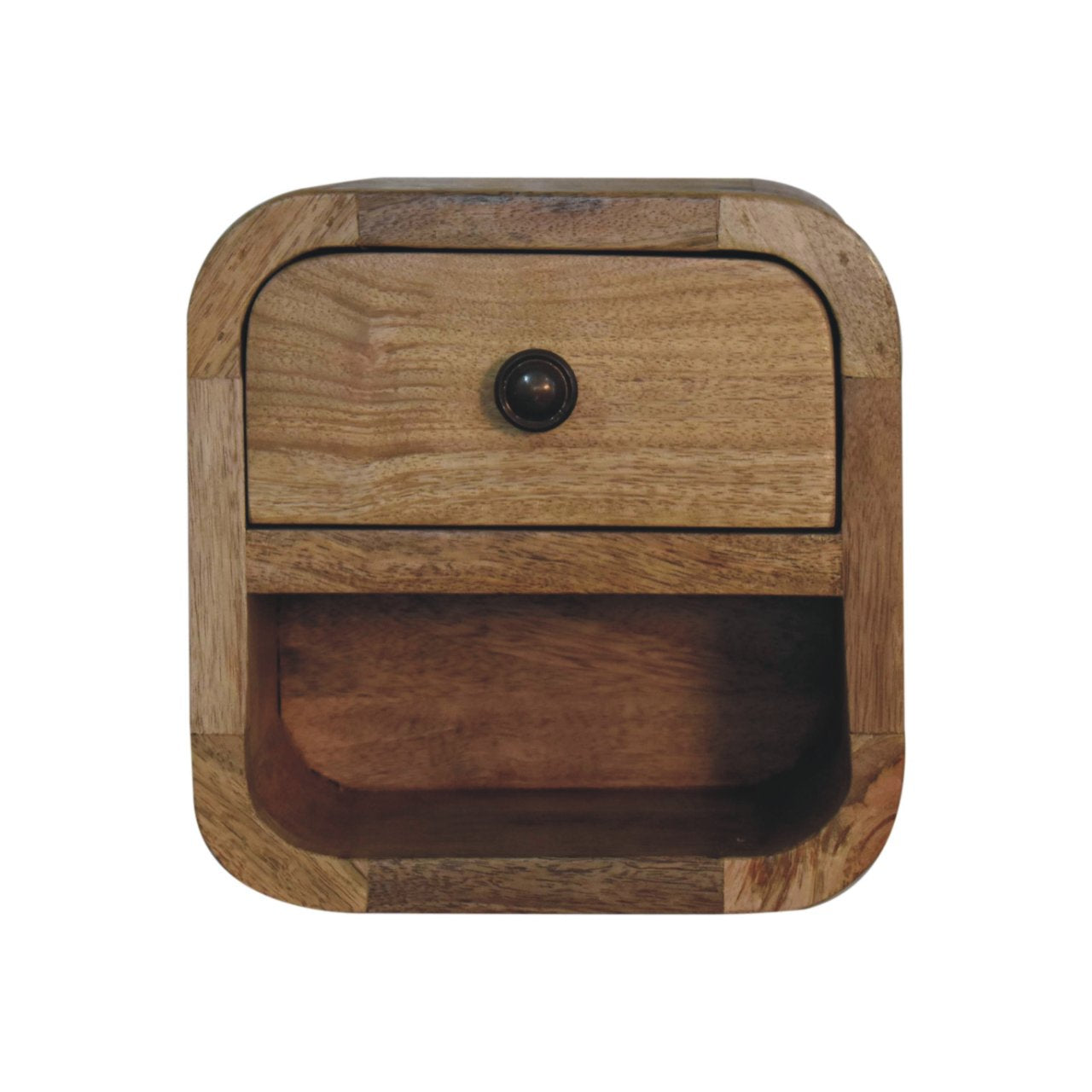 Extra Compact Curved Oak Floating Bedside Shelf with Open Slot