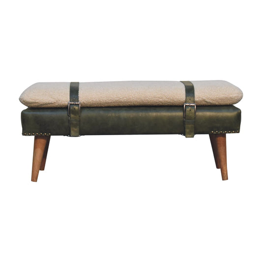 Olive Green Boucle Buffalo Hide Leather Hallway Bench