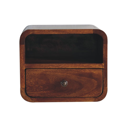 Extra Compact Wall Mounted Curved Chestnut Bedside Open Shelf