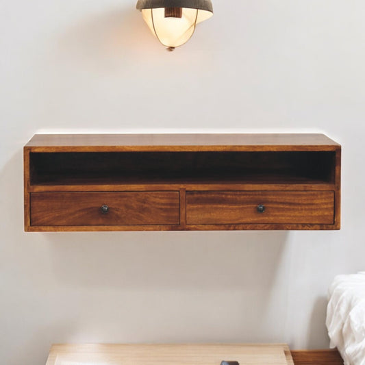 Lunar Wall Mounted 2 Drawer TV Media Unit Solid Mango Chestnut
