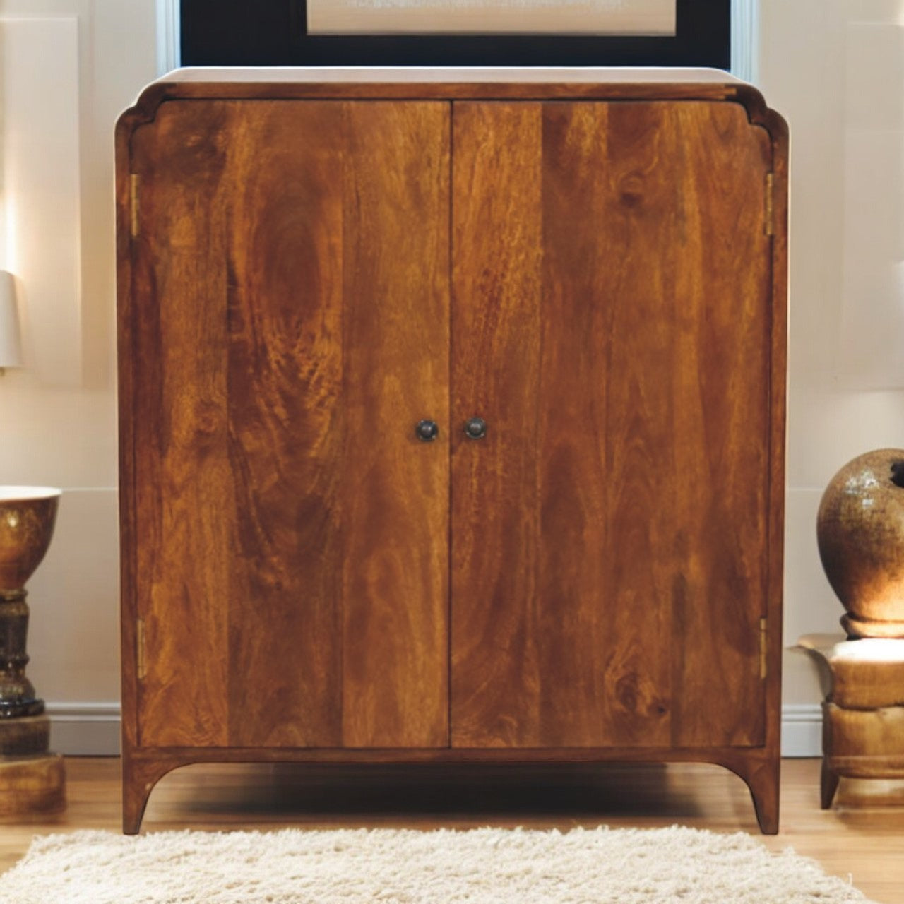 Newton Wide 2 Door Open Shelf Cabinet Chestnut Solid Mango Wood