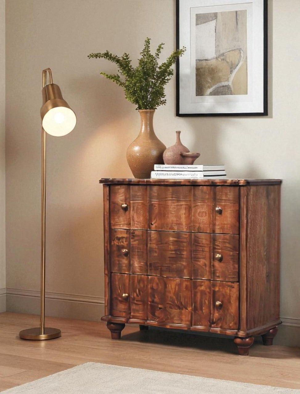 Lume Wide Tall Roasted Panel 3 Drawer Chest Solid Mango Wood