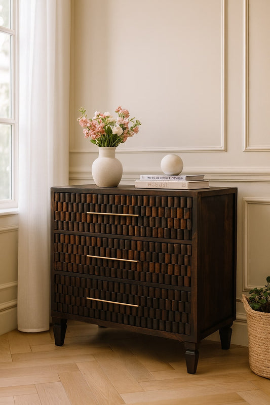 Cadiz Hand Carved Fabric Front 3 Drawer Chest Solid Wood Natural