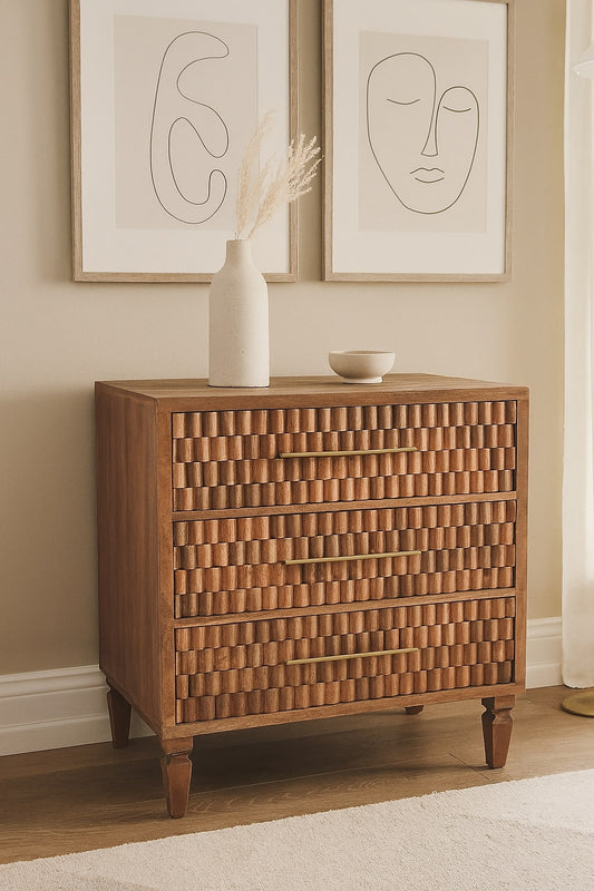 Cadiz Hand Carved 3 Drawer Storage Chest Solid Mango Wood