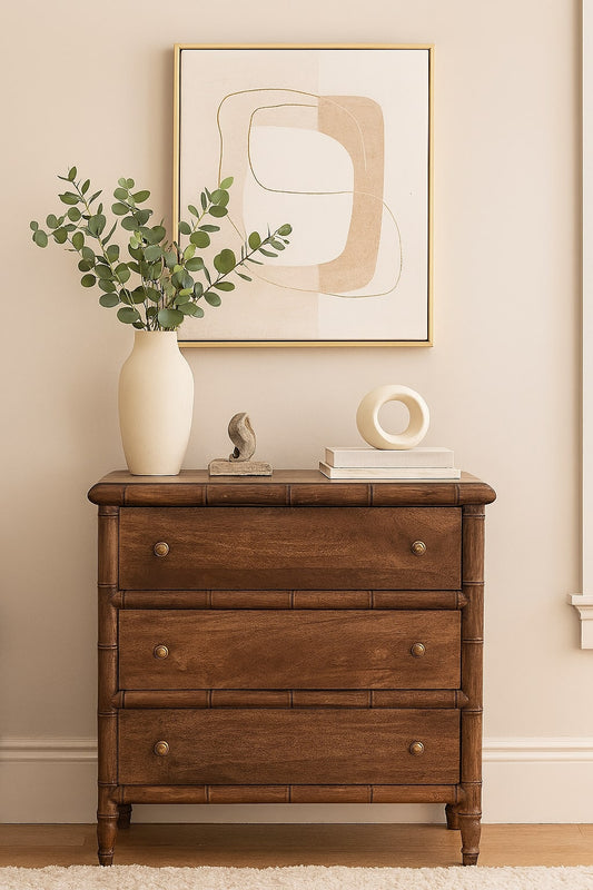 Bamboo Carved 3 Drawer Chest of Drawers Solid Mango Wood Natural