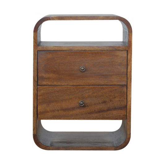Curved 2 Drawer Solid Mango Wood Bedside Table Chestnut