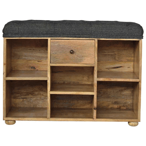 Black Tweed Upholstered 1 Drawer Hallway Bench Solid Mango Wood