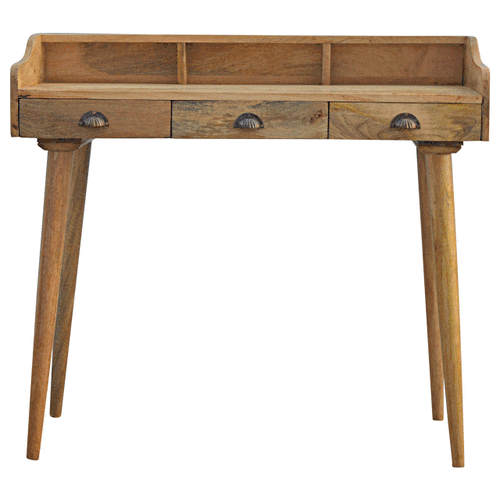 Gallery Back Shell Handle 3 Drawer Solid Mango Wood Writing Desk