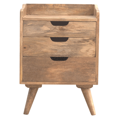 3 Drawer Gallery Back Solid Mango Wood Bedside Table Natural