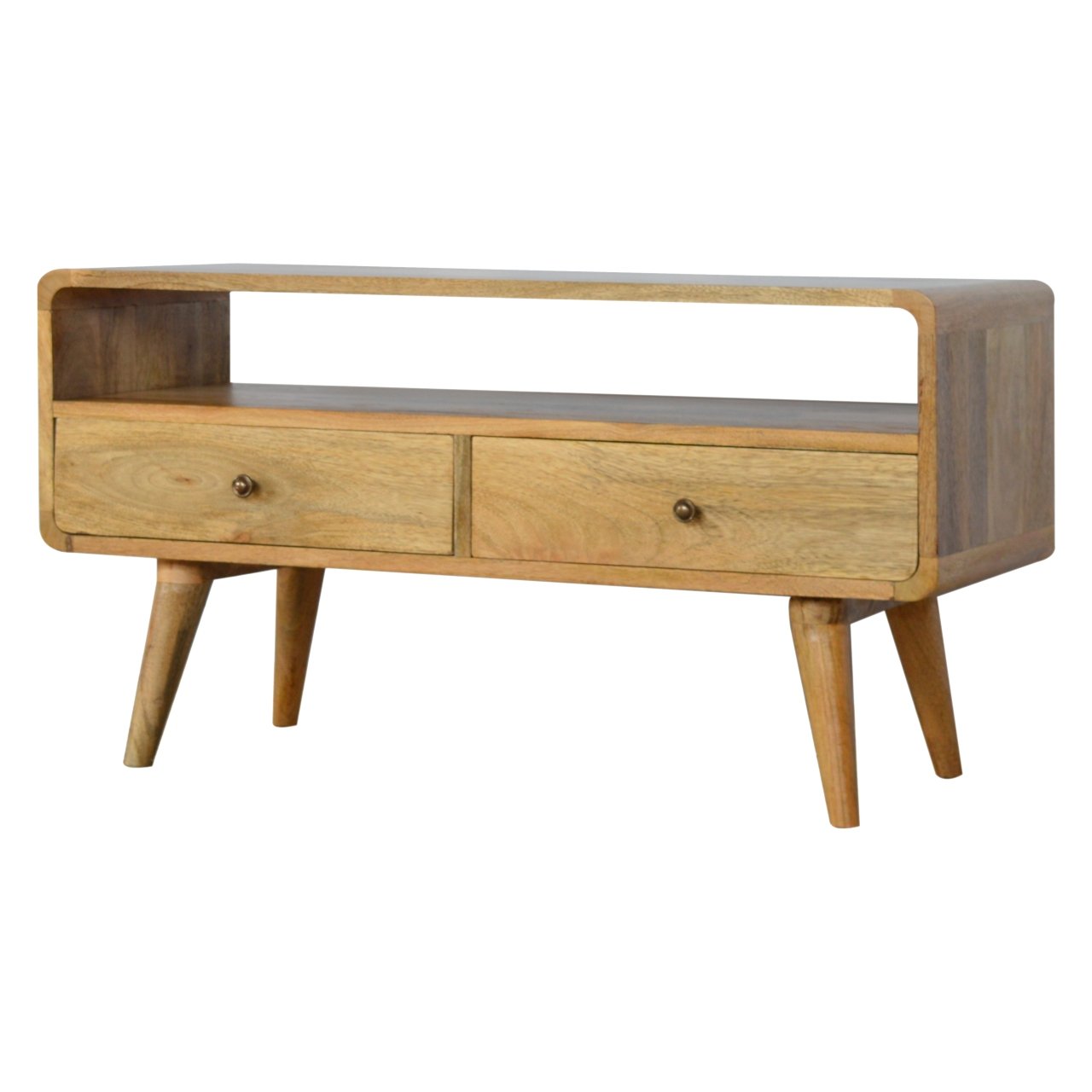 Curved Low Solid Mango Wood TV Media Unit Oak Finish