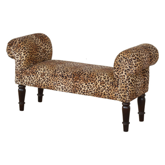 Leopard Print Velvet Bench Solid Mango Wood Legs Bedroom